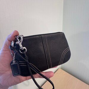 Coach Black Leather Wristlet – Contrast Stitching – Silver Hardware